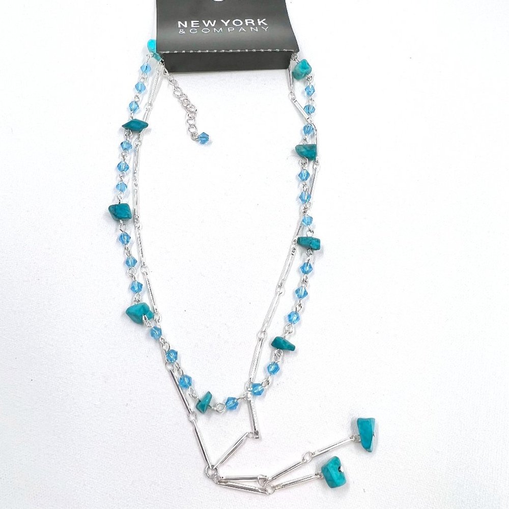 NWT - NY & CO - Turquoise & Blue Color Chip & Bead Silver Tone 14” Necklace